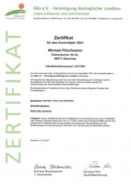 Zertifikat Biohof Pöschmann Gäa e.V