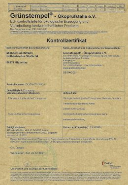 Zertifikat biohof Pöschmann Grünstempel 2022